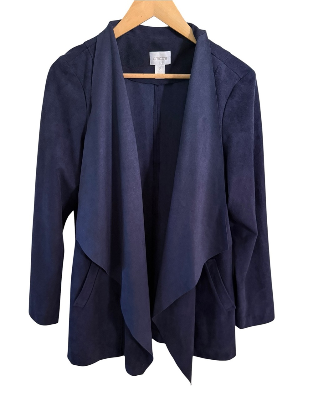 CHICO'S Faux Suede Draped Front Jacket Cardigan Navy Blue Size Large